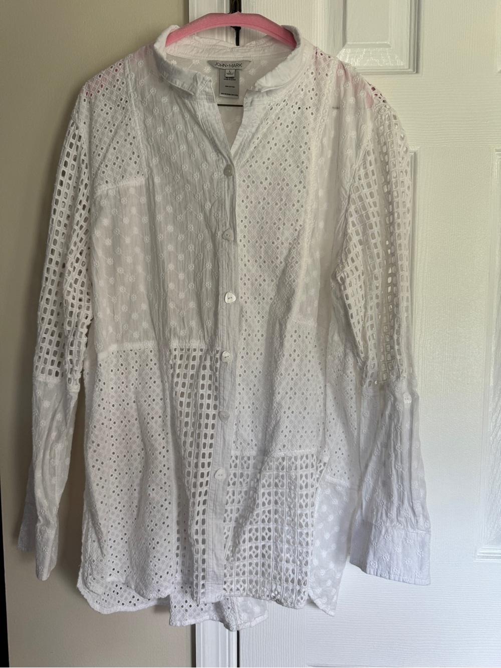 John Mark White Cotton Button Long Sleeve Top Large Resort Beach Embroidered